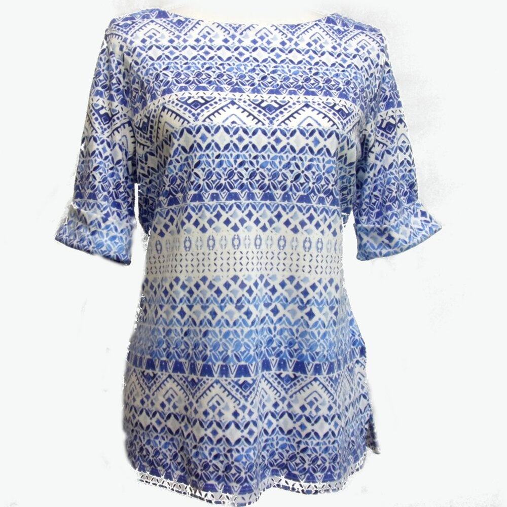 Karen Scott Printed Boat Neck Top Size M Blue
